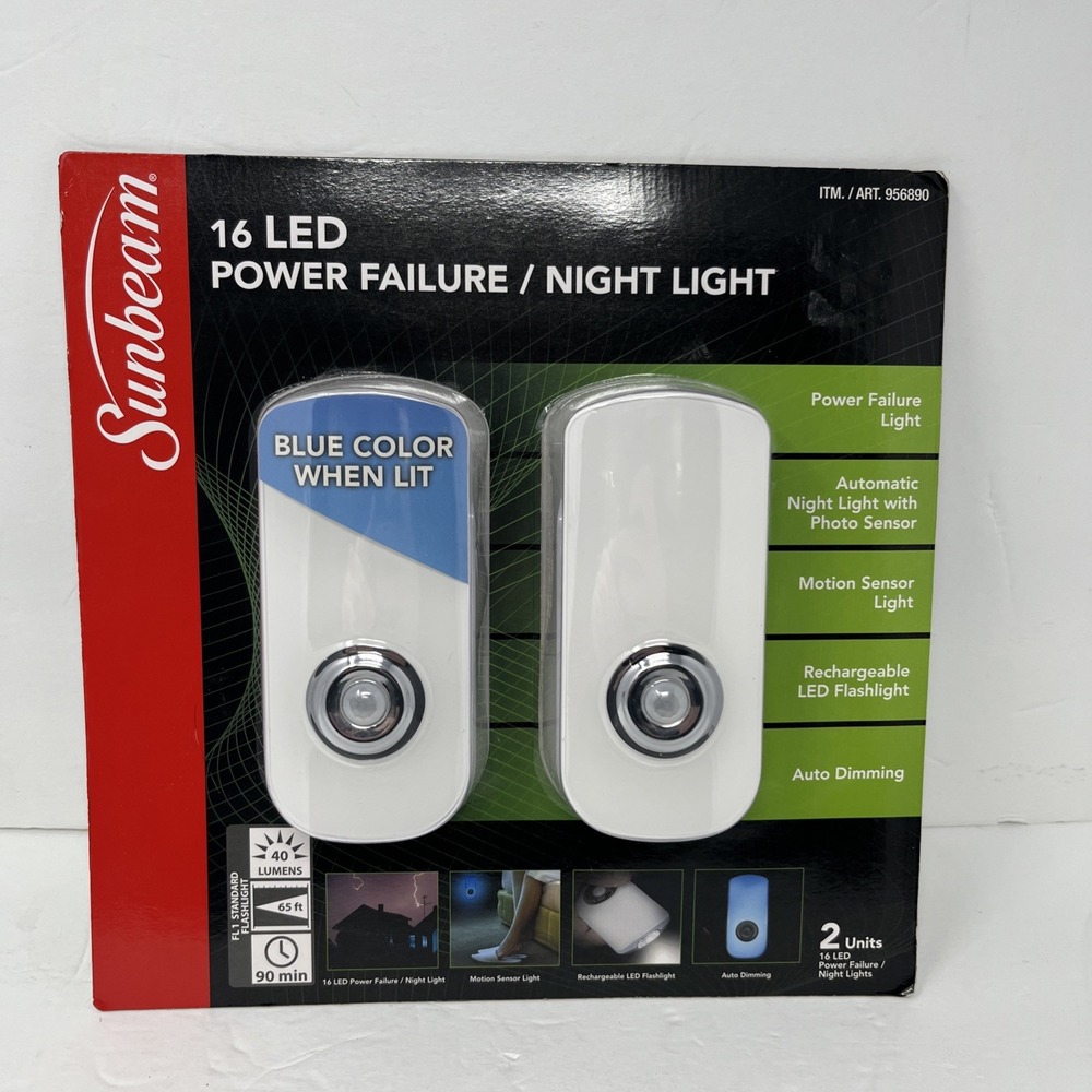 Sunbeam Night Light Power Failure Motion Sensor 16 LED Flashlight 2-pack